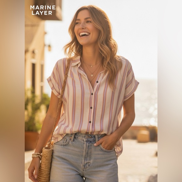 Marine Layer Tops - Marine Layer Pink & Cream Women’s Lyocell Tencel Stripes Button Up Shirt size XS